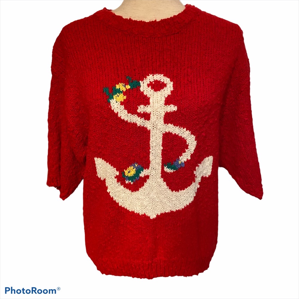 VINTAGE OBJECTIVES SWEATER RED CREW NECK WHITE ANCHOR Size L